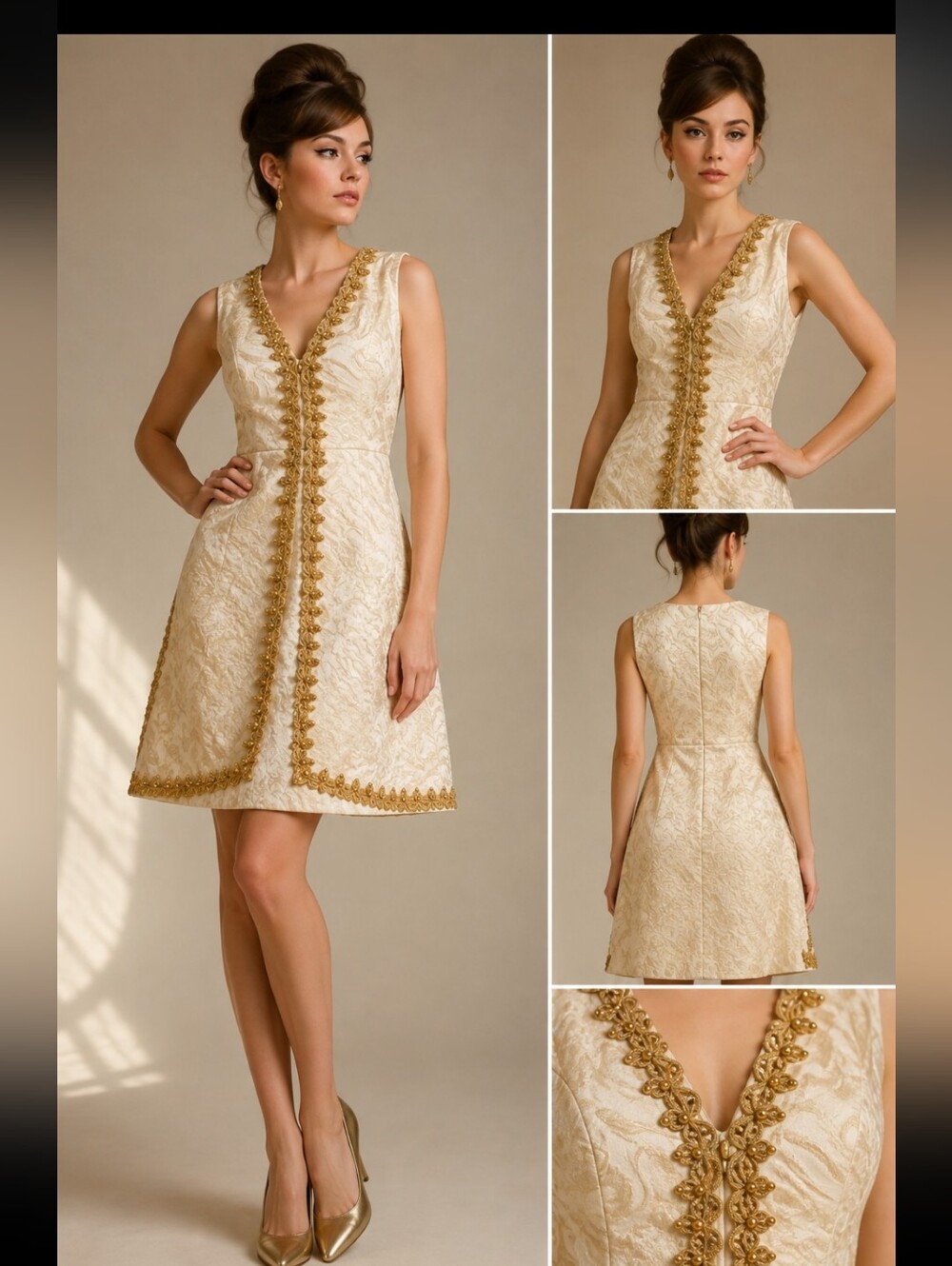 Vintage 1960s 70s Ivory Gold Brocade Dress | Metallic Jacquard Mini Dress 10-12